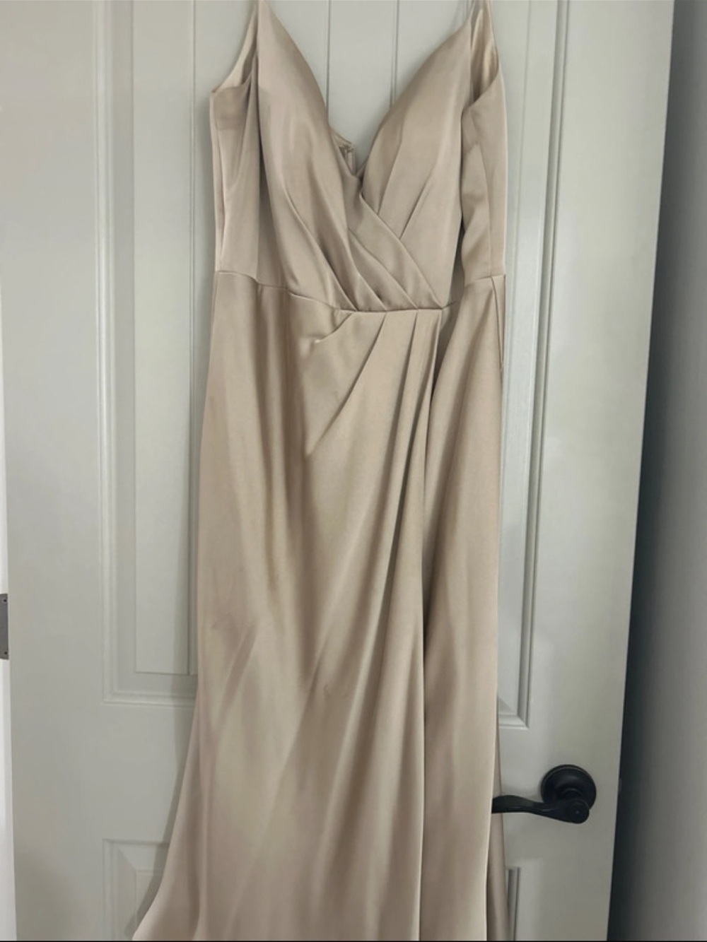 Sleek Satin V-Neck Wedding Dress in Light Beige